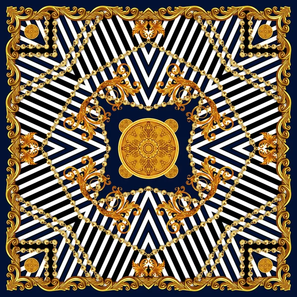 İpek Baskı için Eşarp Tasarımı. Kare moda baskı. Tekstile Hazır Hatları ile Vintage Stil Desen. Lacivert ve Beyaz Arka Plan Üzerinde Zincirli Altın Barok.