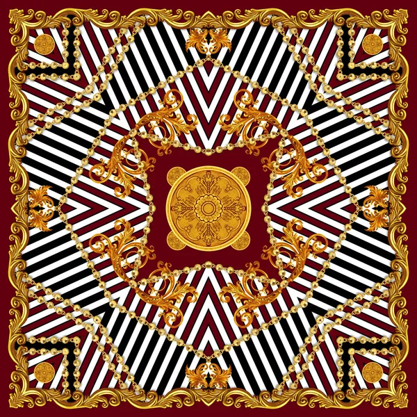 Scarf Design for Silk Print. Square fashion print. Vintage Style Pattern with Lines Ready for Textile. Golden Baroque with Chains on Dark Red and White Background.
