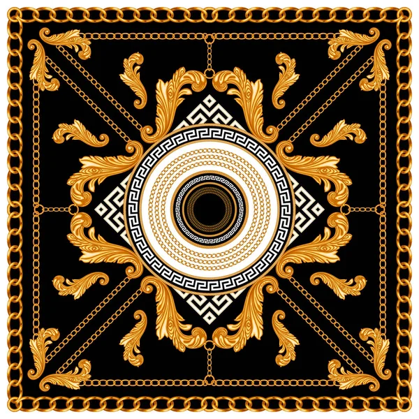 Scarf Golden Baroque Design with Chains for Silk Print. Square fashion print. Vintage Style Pattern Ready for Textile. On Black Background.