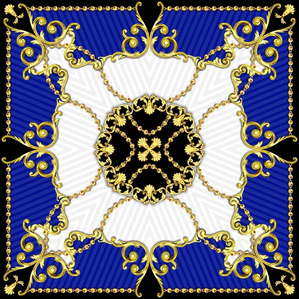 Zincirli Vintage Stil Deseni, İpek Baskı için Atkı Altın Barok Tasarım. Kare Moda baskı. Mavi ve Beyaz Arka Plan üzerine. Tekstil Baskılar için hazır.
