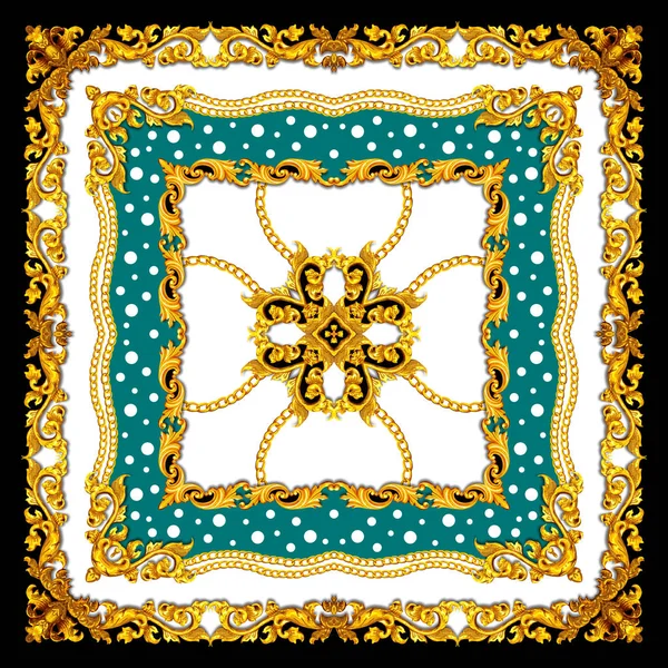 Altın Barok İpek Şal Tekstil Baskı, İpek Baskı için Eşarp Tasarımı. Vintage Stil Desen Tekstil için hazır. Kare moda baskı. Versace Tarzı. Siyah ve Yeşil Renkler.