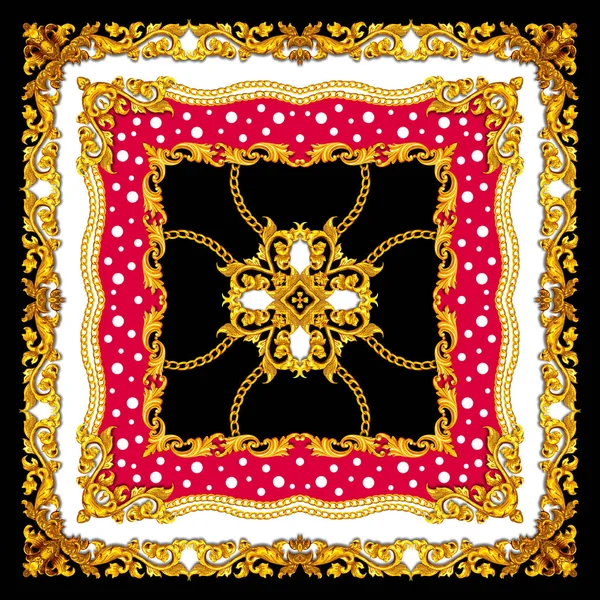Золотий Бароковий Шовковий Шаль Текстильного Друку Шарф Дизайн Шовку Друку — стокове фото