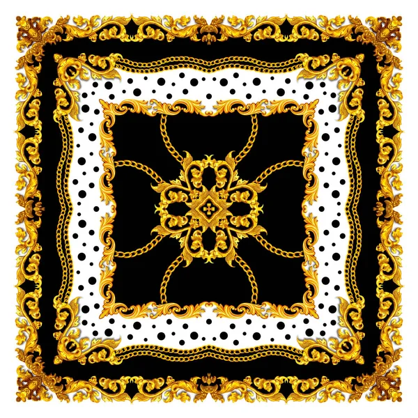 Golden Baroque Silk Shawl Textile Print, Scarf Design for Silk Print. Vintage Style Pattern Ready for Textile. Square fashion print. Versace Style. Black and White Colors.