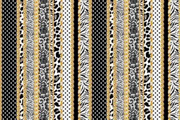 Leopard, Zebra and black dots with gold chains pattern ready for textile prints.
