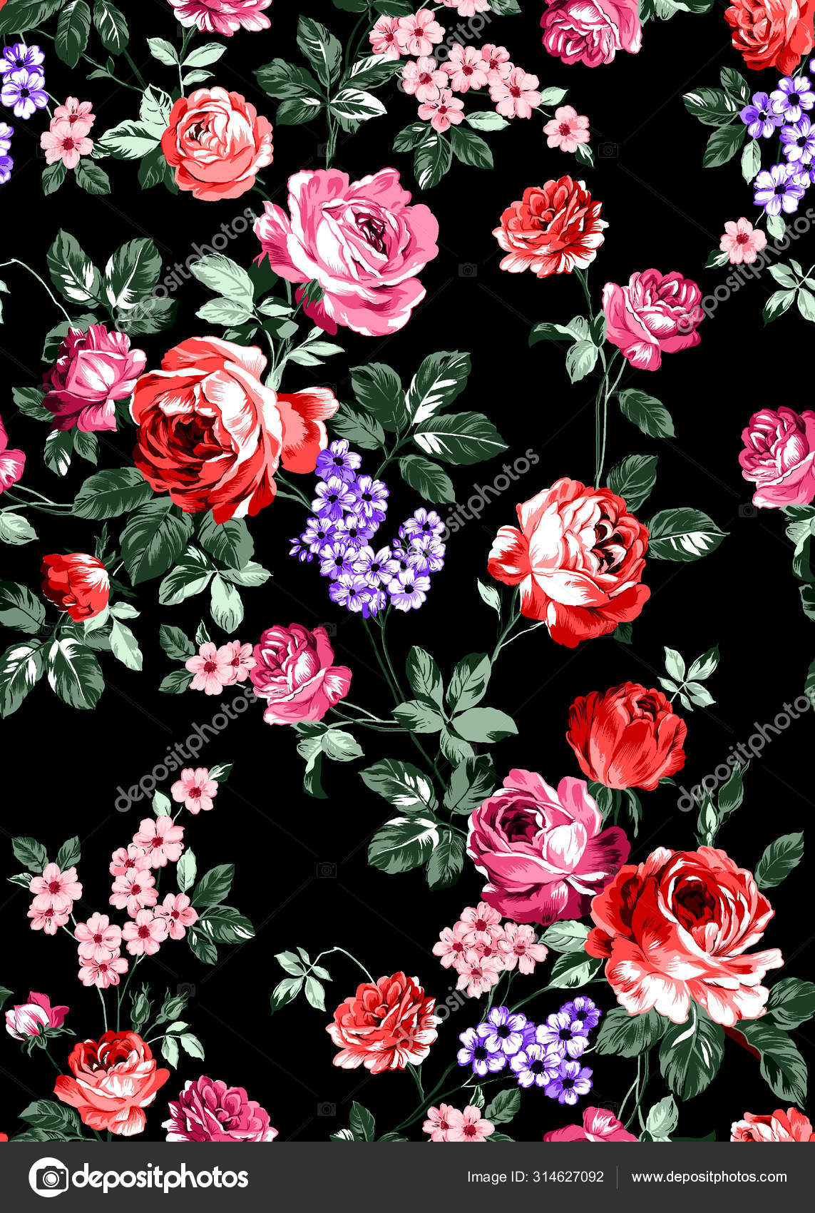Seamless Floral Pattern Bright Colorful Flowers Leaves Black