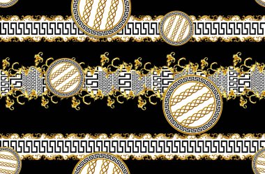 Koyu siyah arka planda Versace motifli kusursuz altın antika dekoratif mavna deseni. Kumaş Tasarım Arkaplanı tekstil baskısı için hazır.