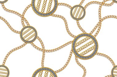 Beyaz Arka Plan Üzerine Altın Zincirli Altın Antik Dekoratif Motifin Dikişsiz Deseni. Tekrar tasarım Tekstil Baskı için hazır.