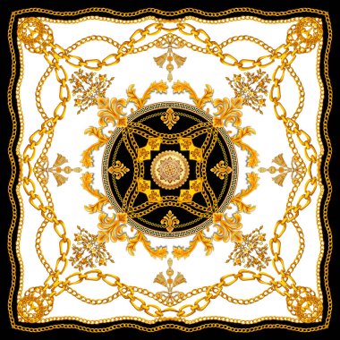 Barok İpek Şal Tekstil Baskı, İpek Baskı için Eşarp Tasarımı. Vintage Stil Desen Tekstil için hazır. Kare moda baskı. Versace Tarzı. Siyah beyaz renkler.