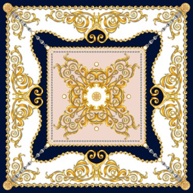 Versace Stil Desen Tekstil için hazır. İpek Baskı için Eşarp Tasarımı. Beyaz Arka Plan Üzerinde Zincirli Altın Barok.