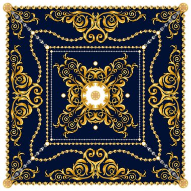 Versace Stil Desen Tekstil için hazır. İpek Baskı için Eşarp Tasarımı. Lacivert Arka Plan üzerinde Zincirli Altın Barok.
