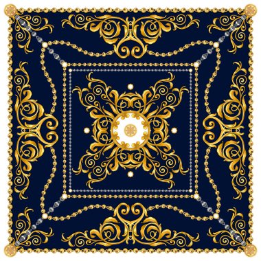 Versace Stil Desen Tekstil için hazır. İpek Baskı için Eşarp Tasarımı. Lacivert Arka Plan üzerinde Zincirli Altın Barok.