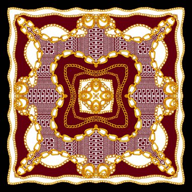 Barok İpek Şal Tekstil Baskı, İpek Baskı için Eşarp Tasarımı. Vintage Stil Desen Tekstil için hazır. Kare moda baskı. Versace Tarzı. Siyah ve Koyu Kırmızı renkler.