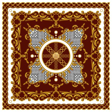 İpek Baskı için Eşarp Tasarımı. Kare moda baskı. Vintage Stil Desen Tekstil için hazır. Kırmızı Arka Plan üzerine Altın Barok.