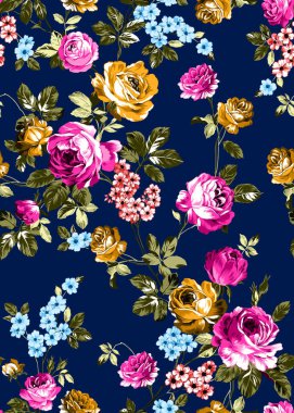 Lacivert arka planda yaprakları olan parlak renkli çiçeklerle kusursuz çiçek deseni. Moda baskıları için zarif bir şablon. Modern çiçek arkaplanı. Tekstil baskıları için hazır.
