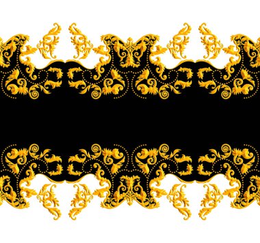 Siyah ve Beyaz Arkaplan Üzerine Versace Tasarımı ile kusursuz Altın Barok. Antika Biçim Deseni Tekstil ve İpek Yazdırmaya Hazır.