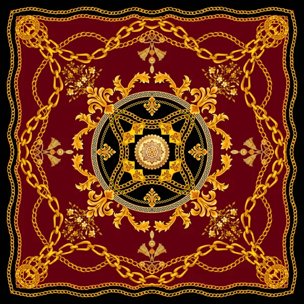 Golden Baroque with Chains on Dark Red Background. Versace Style Pattern Ready for Textile. Scarf Design for Silk Print.