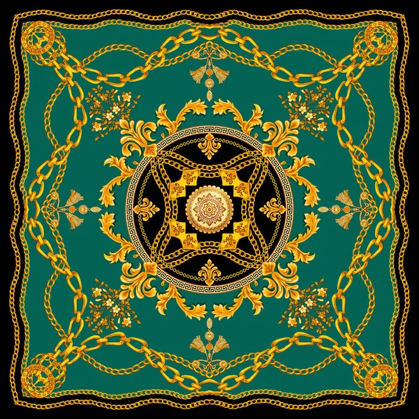 Mavi Arka Plan üzerinde Zincirler ile Altın Barok. Versace Stil Desen Tekstil için hazır. İpek Baskı için Eşarp Tasarımı.