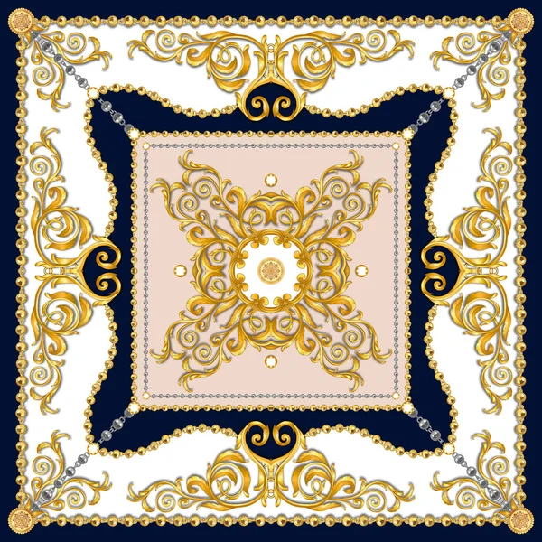 Versace Stil Desen Tekstil için hazır. İpek Baskı için Eşarp Tasarımı. Beyaz Arka Plan Üzerinde Zincirli Altın Barok.