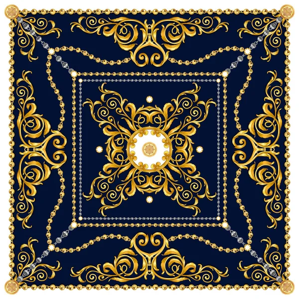 Versace Stil Desen Tekstil için hazır. İpek Baskı için Eşarp Tasarımı. Lacivert Arka Plan üzerinde Zincirli Altın Barok.