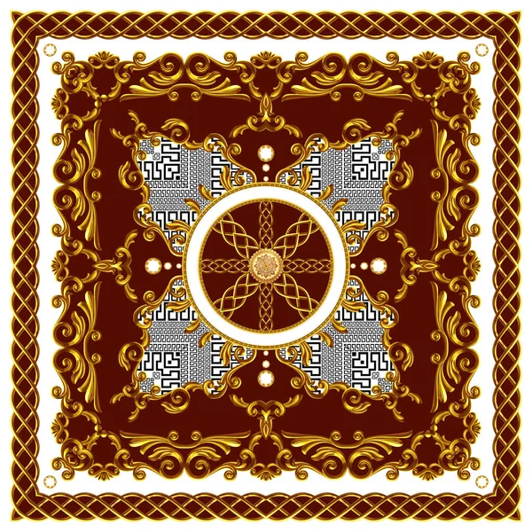 Scarf Design for Silk Print. Square fashion print. Vintage Style Pattern Ready for Textile. Golden Baroque on Red Background.