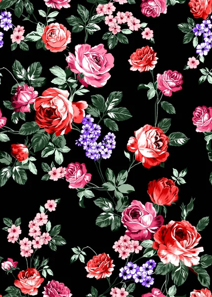 Bezešvé Květinový Vzor Jasnými Barevnými Květy Listy Černém Pozadí Elegantní — Stock fotografie