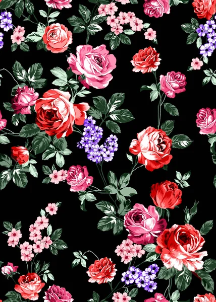 Siyah arka planda yaprakları olan parlak renkli çiçeklerle kusursuz bir çiçek deseni. Moda baskıları için zarif bir şablon. Modern çiçek arkaplanı. Tekstil baskıları için hazır.