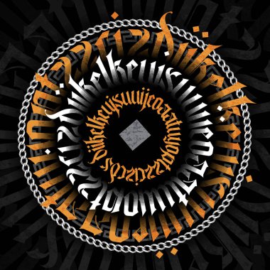 Siyah zemin üzerinde gümüş zincirli modern beyaz kaligrafinin Gotik soyutu. Tekstil baskıları için hazır.