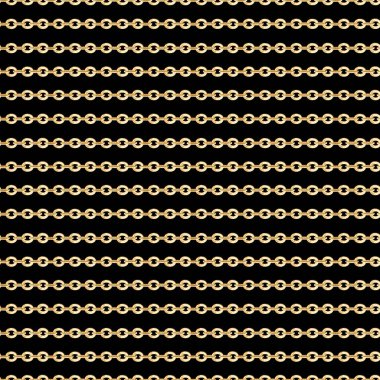 Siyah arka planda küçük altın zincirlerin kusursuz deseni. Dekor, kumaş, parmak izi ve tekstil için tasarım hazır..