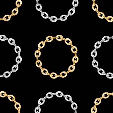 Siyah arka planda daire şeklinde altın ve gümüş zincirlerin kusursuz deseni. Dekor, kumaş, parmak izi ve tekstil için tasarım hazır..