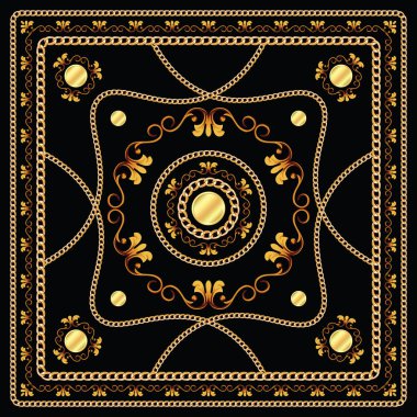 Siyah Arkaplanda Altın Zincirli Atkı Tasarımı. Modern Desen Tekstil ve İpek Baskı İçin Yapıldı.