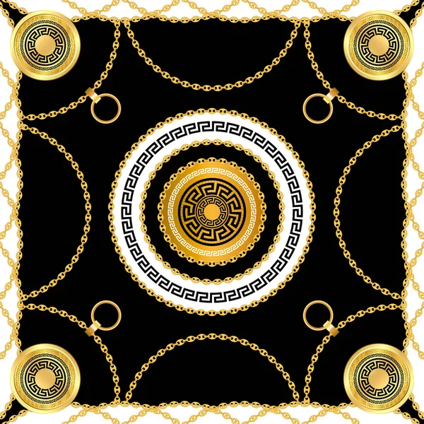 Scarf design for silk print. Golden chains on black background. Modern Pattern Ready for Textile.