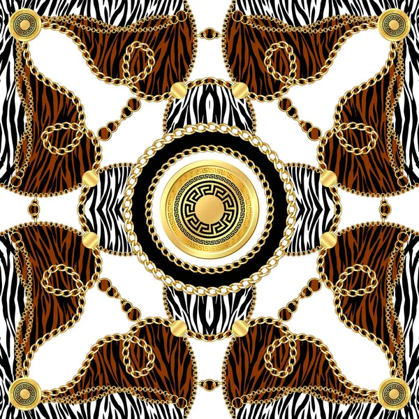 Scarf design for silk print. Golden chains with zebra skin on white and brown background. Modern Pattern Ready for Textile.