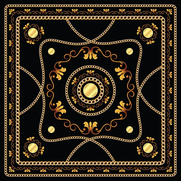 Scarf Design Golden Chains Black Background Modern Pattern Made Textile — Stock Photo, Image