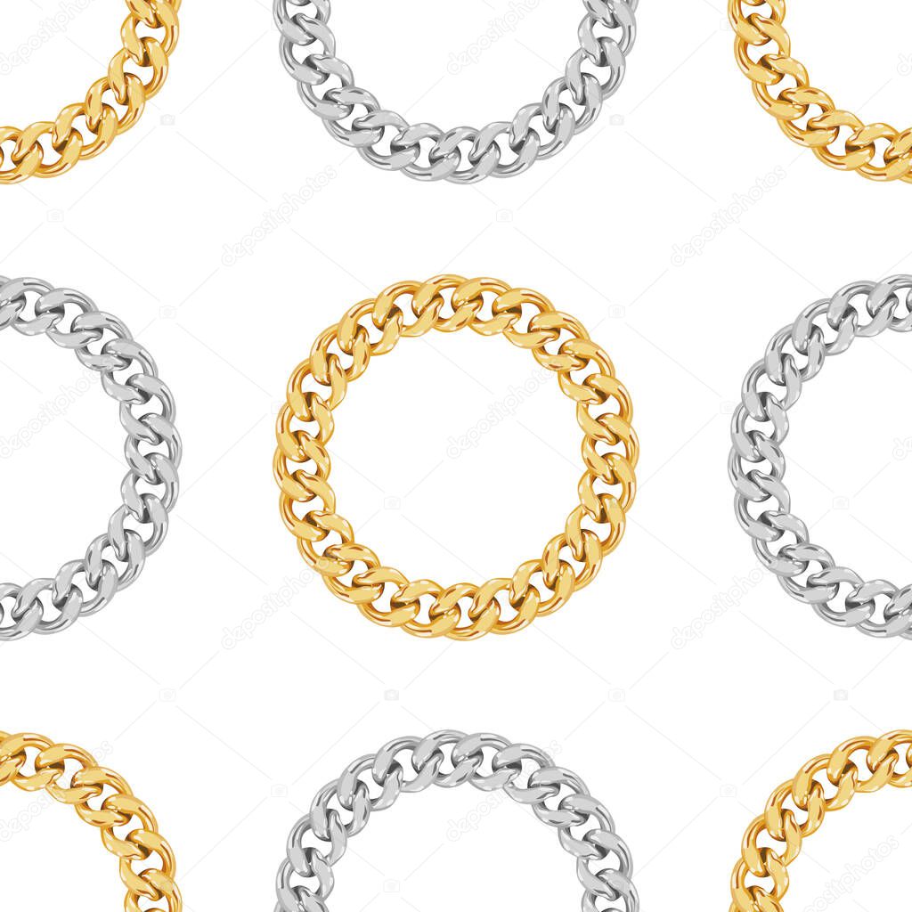 Seamless pattern of golden and silver chains with circle shape on white background. Repeat design ready for decor, fabric, prints, textile.