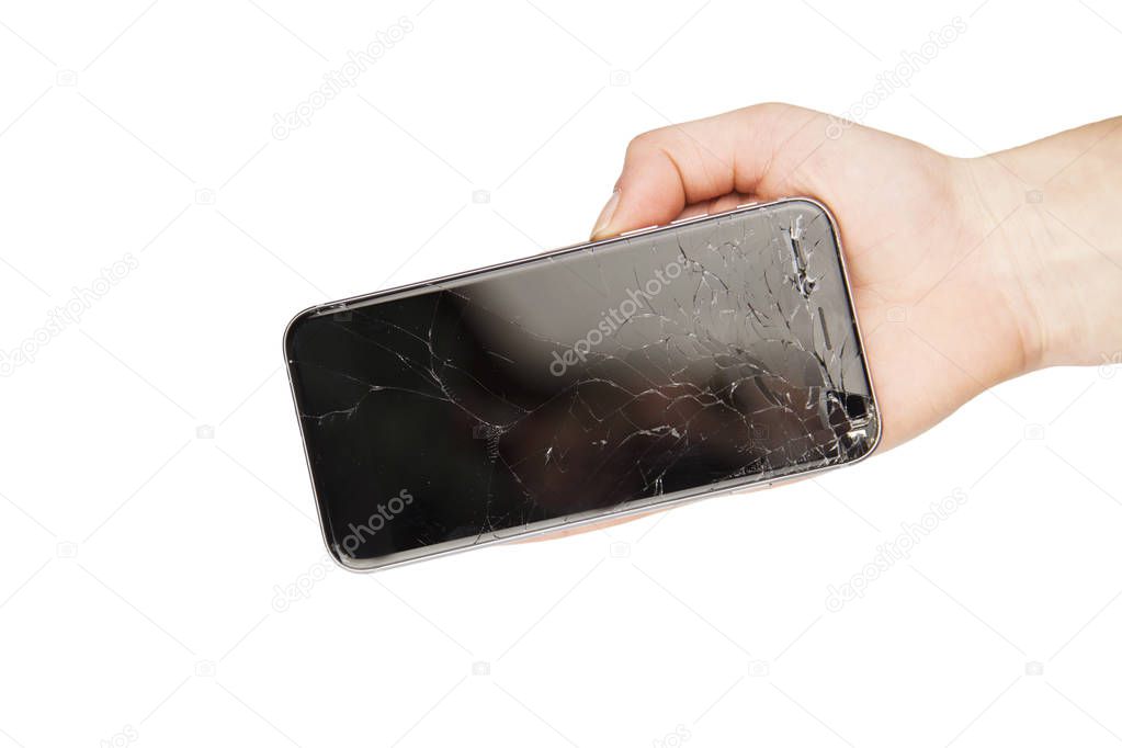 Cracked Phone Screen in Hand isolated