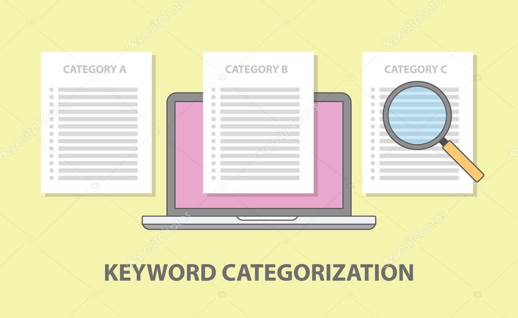 keyword category categorization with laptop and paper document magnifying glass vector illustration