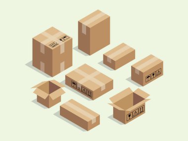 izometrik karton kutu çeşitli boyut paket vektör çizim ile nakliye ambalaj için