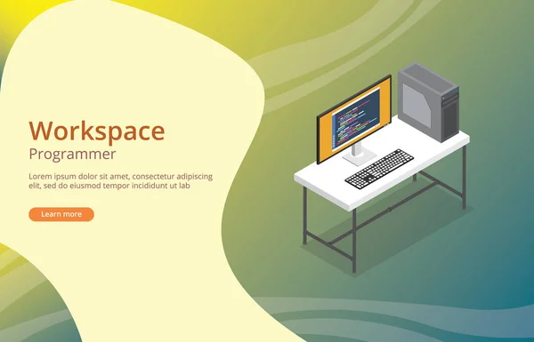 工作空间程序员或开发人员与编码在屏幕向量例证 — 图库矢量图片