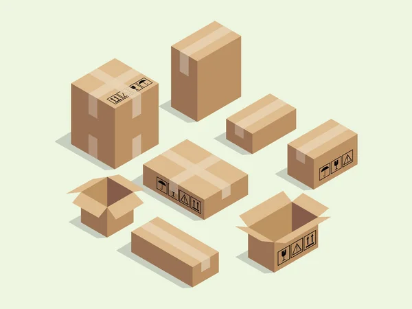 Isometrische Kartondoos Voor Verzending Verpakkingen Met Verschillende Grootte Pakket Vectorillustratie — Stockvector
