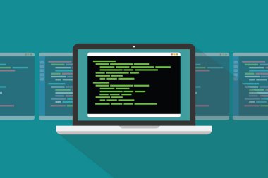 command line interface cli programming language concept with laptop and code programming - vector illustration clipart