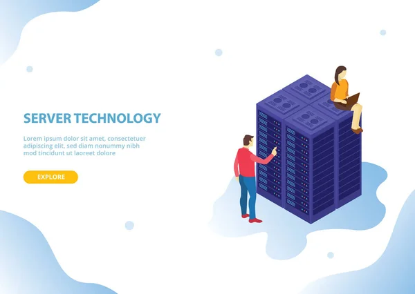 Chmura serwer hosting technologii z izometrycznym stylu i osób z nowoczesnym stylu niebieski-wektor — Wektor stockowy