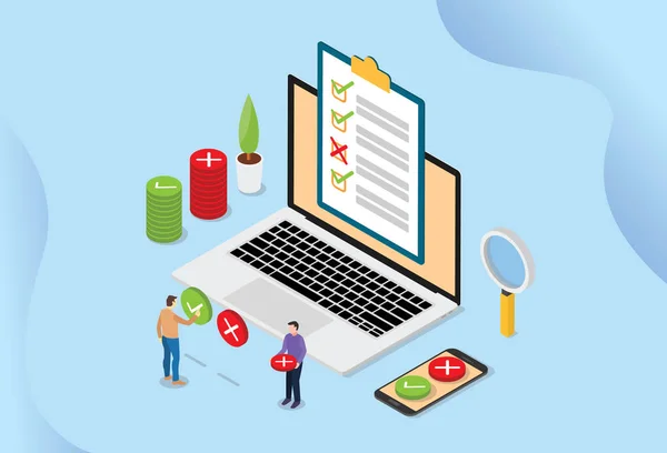 kontrol listesi havuzları ile insanlar ve dizüstü bilgisayar ile online anket teknolojisi kavramı - vektör