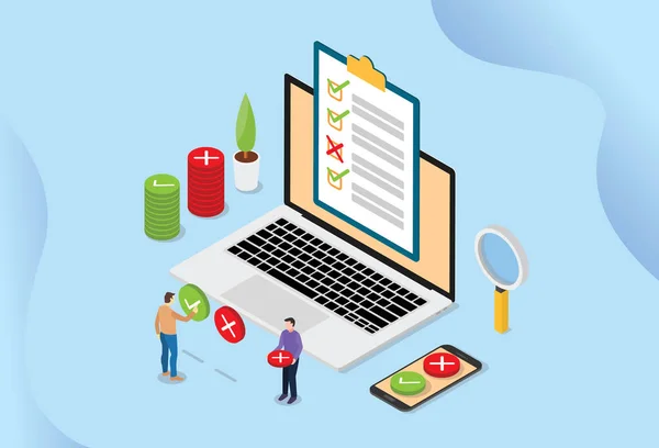 Concepto de tecnología de encuestas en línea con personas y portátiles con grupos de listas de verificación - vector — Archivo Imágenes Vectoriales