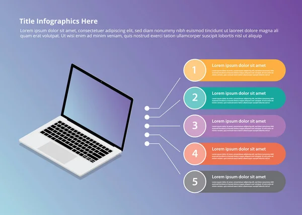 Laptop-Infografik mit isometrischem Stil und 5-Punkt-Geschossbeschreibung mit verschiedenen Farben - Vektor — Stockvektor
