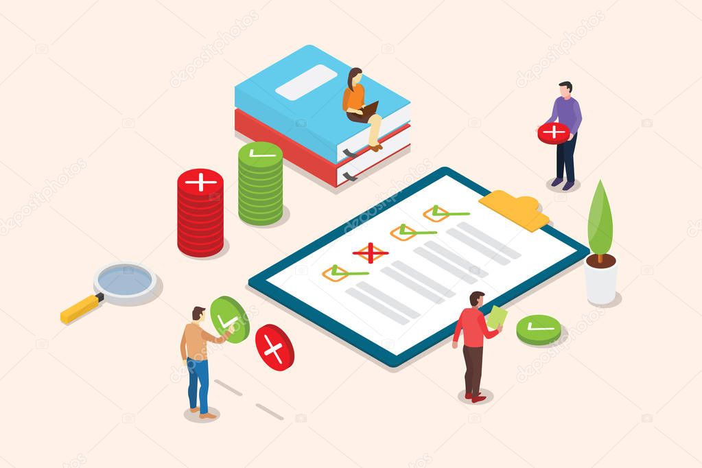 isometric survey people on the clipboard with checklist and magnifying glass - vector