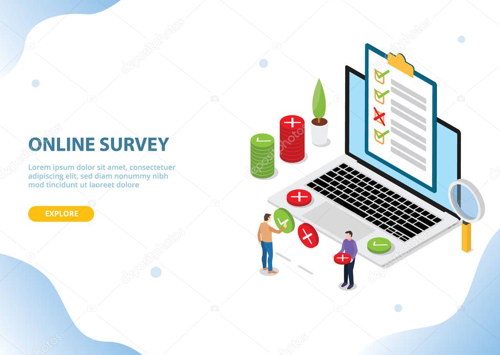 online survey technology concept with people and laptop with checklist pools for website template banner landing homepage - vector