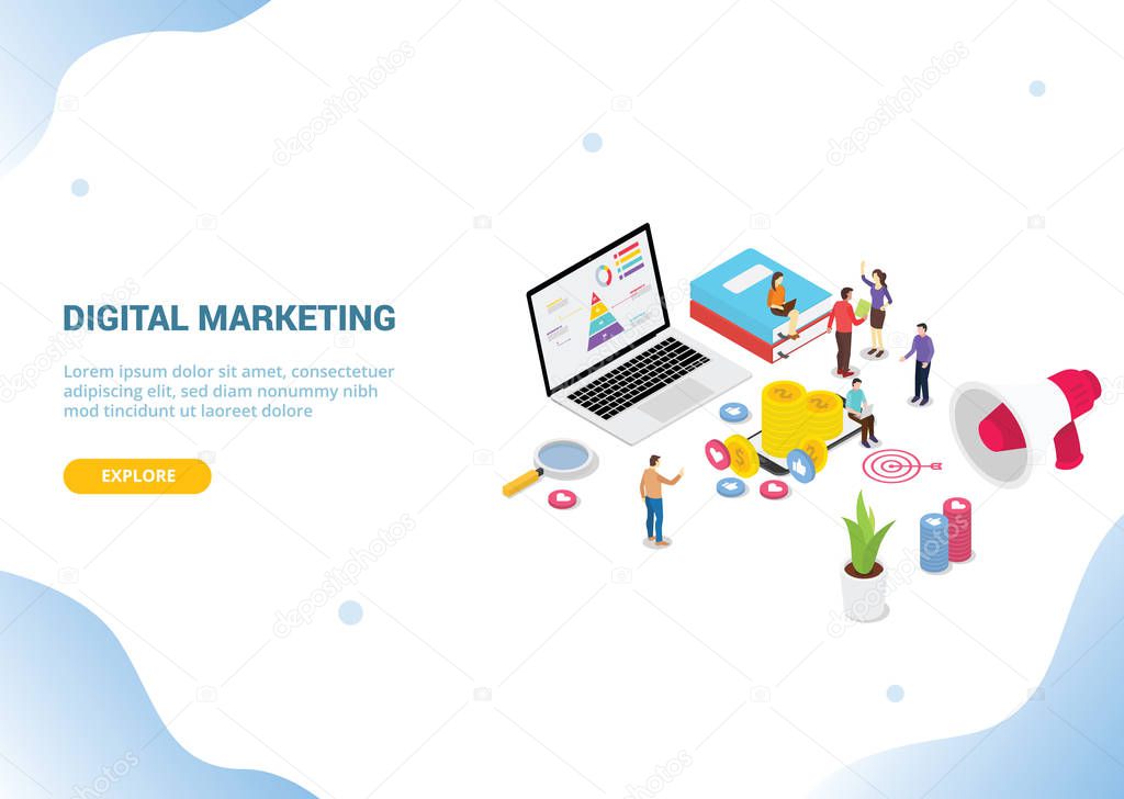 isometric digital marketing concept for website template banner landing homepage - vector