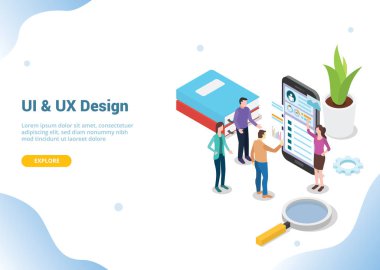 web sitesi şablonu açılış sayfası afişi için akıllı telefon üzerinde çalışan ekip insanları ile isometrik ui ve ux tasarımcı konsepti - vektör