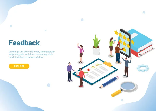 takım insanları ve web sitesi şablonu açılış ana sayfa afiş için kontrol listesi panosu ile izometrik 3d geribildirim iş derecelendirme yıldız kavramı - vektör