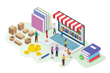 takım insanlar sevkiyat karton ile satın dizüstü bilgisayarda dijital kütüphane kitapları ile isometrik 3d online kitap mağazası kavramı - vektör